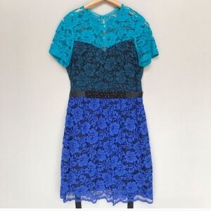 Badgley Mischka lacy blue aqua color block dress w/bead embellished belt size 12